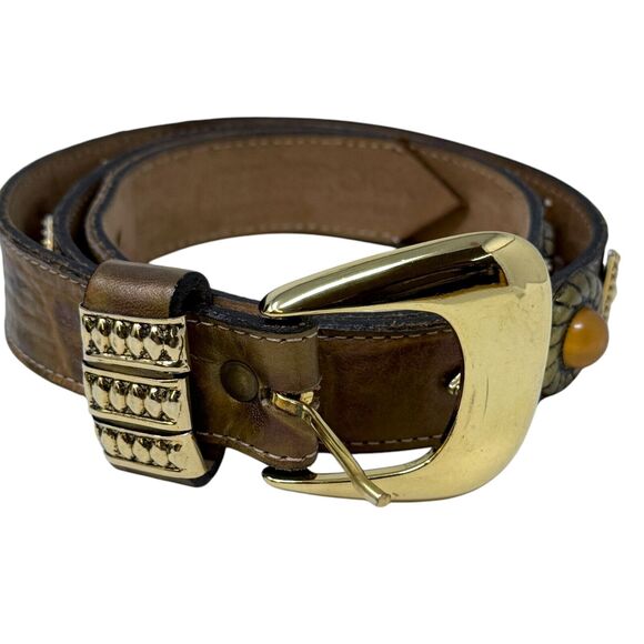 Vintage LeatherRock Womens Leather Belt Bezel Set Cabonchon‎ Beaded Triangles Lg main image 6